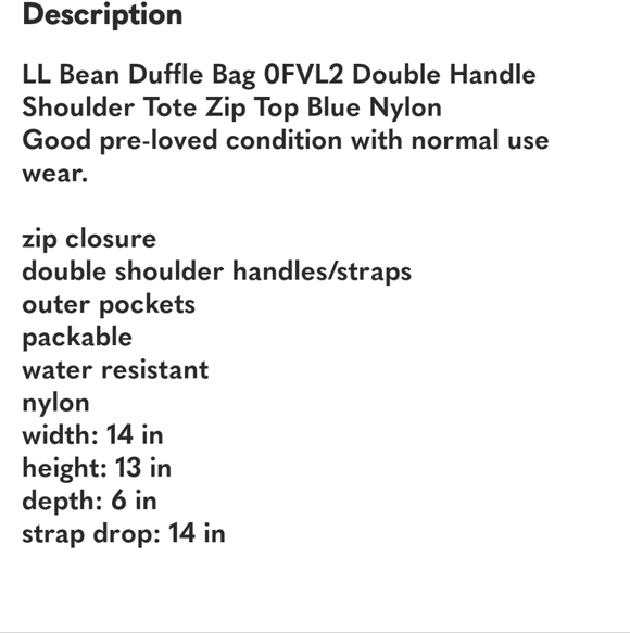 LL Bean Duffle Bag 0FVL2 Double Handle Shoulder Tote Zip Top Blue Nylon Used Onc - Picture 12 of 12